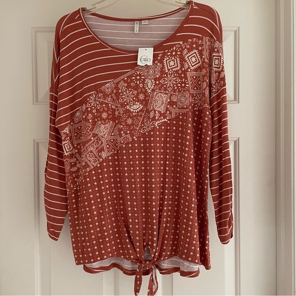 New Cato Scoop Neck Stretch Casual Top Brown White with Star Stripe & Paisley - Picture 1 of 13